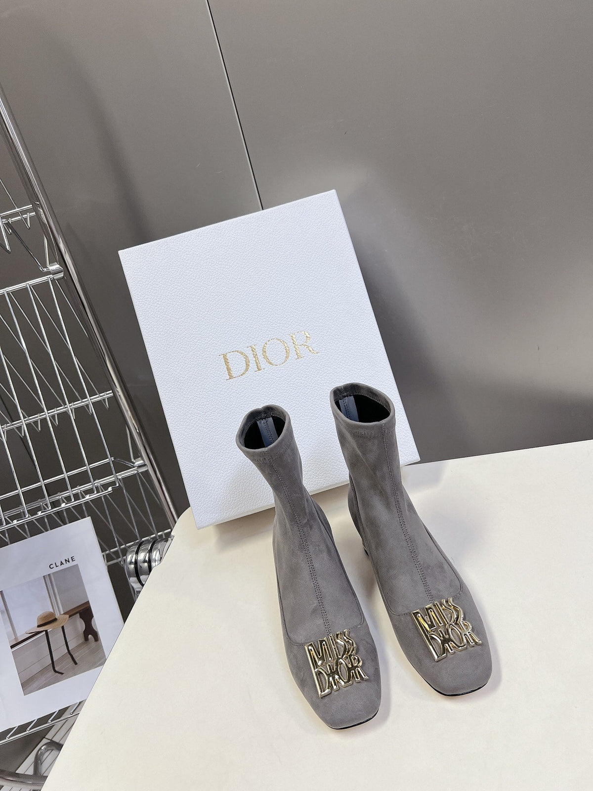 ICON HEELED ANKLE BOOT DOVE GRAY SUEDE 4 CM WITH GOLD LOGO