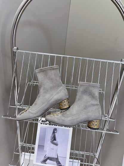 ICON HEELED ANKLE BOOT DOVE GRAY SUEDE 4 CM WITH GOLD LOGO