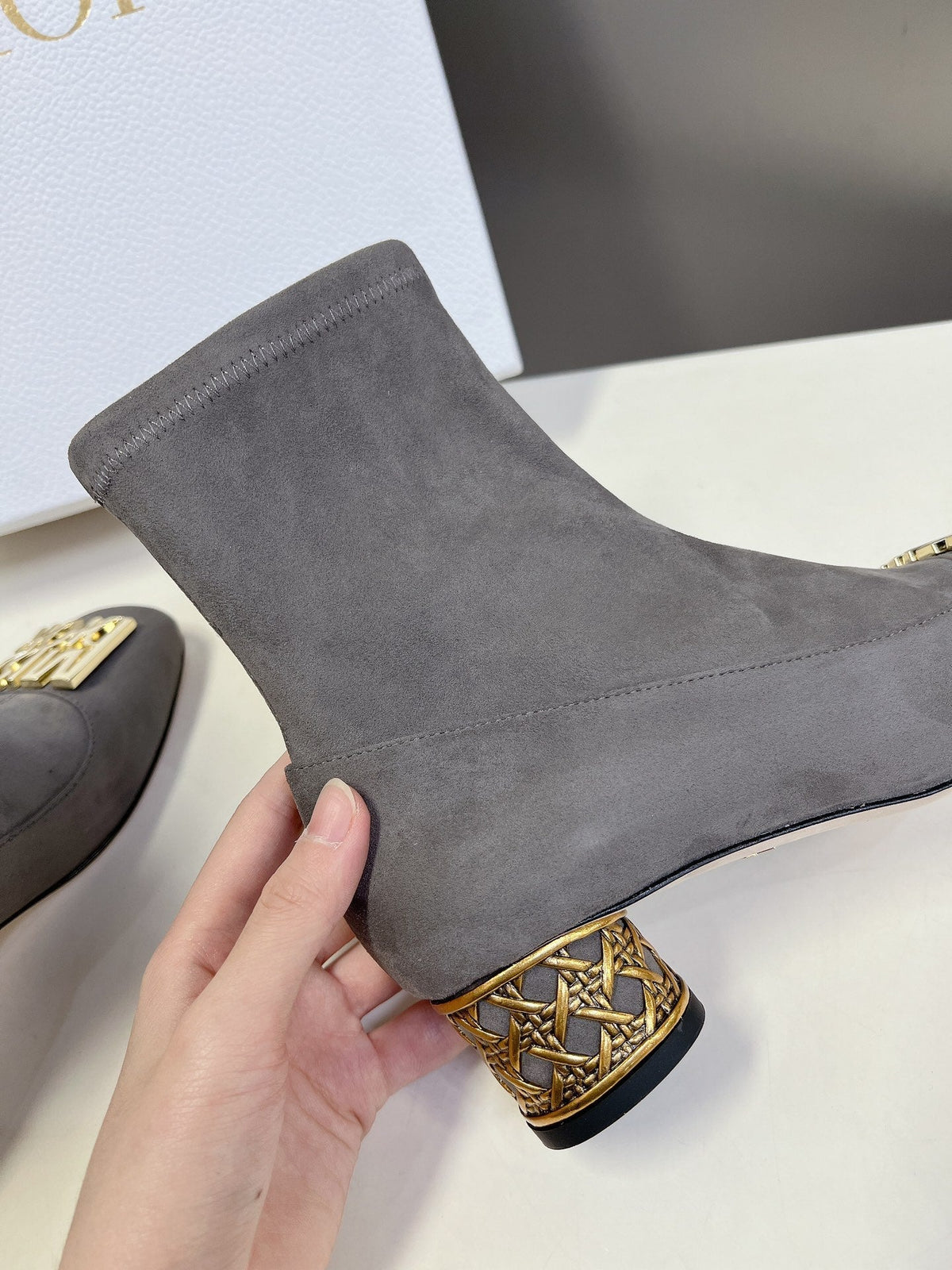 ICON HEELED ANKLE BOOT DOVE GRAY SUEDE 4 CM WITH GOLD LOGO