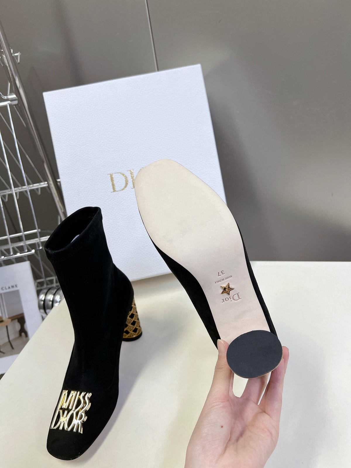 ICON HEELED ANKLE BOOT BLACK SUEDE 8 CM WITH GOLD LOGO