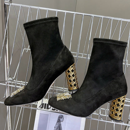 ICON HEELED ANKLE BOOT BLACK SUEDE 8 CM WITH GOLD LOGO