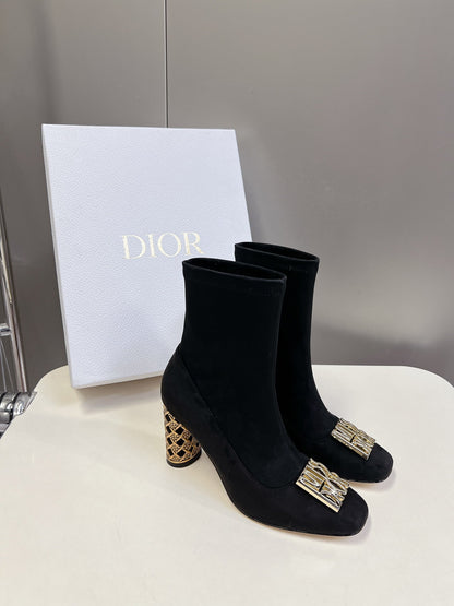 ICON HEELED ANKLE BOOT BLACK SUEDE 8 CM WITH GOLD LOGO