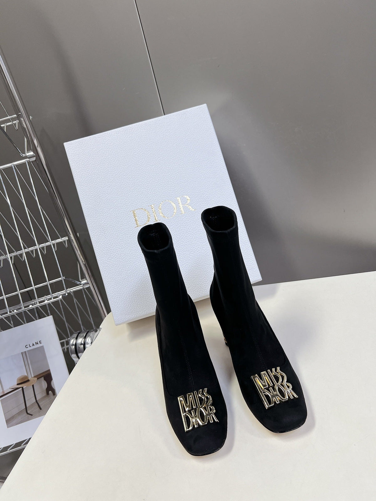 ICON HEELED ANKLE BOOT BLACK SUEDE 8 CM WITH GOLD LOGO