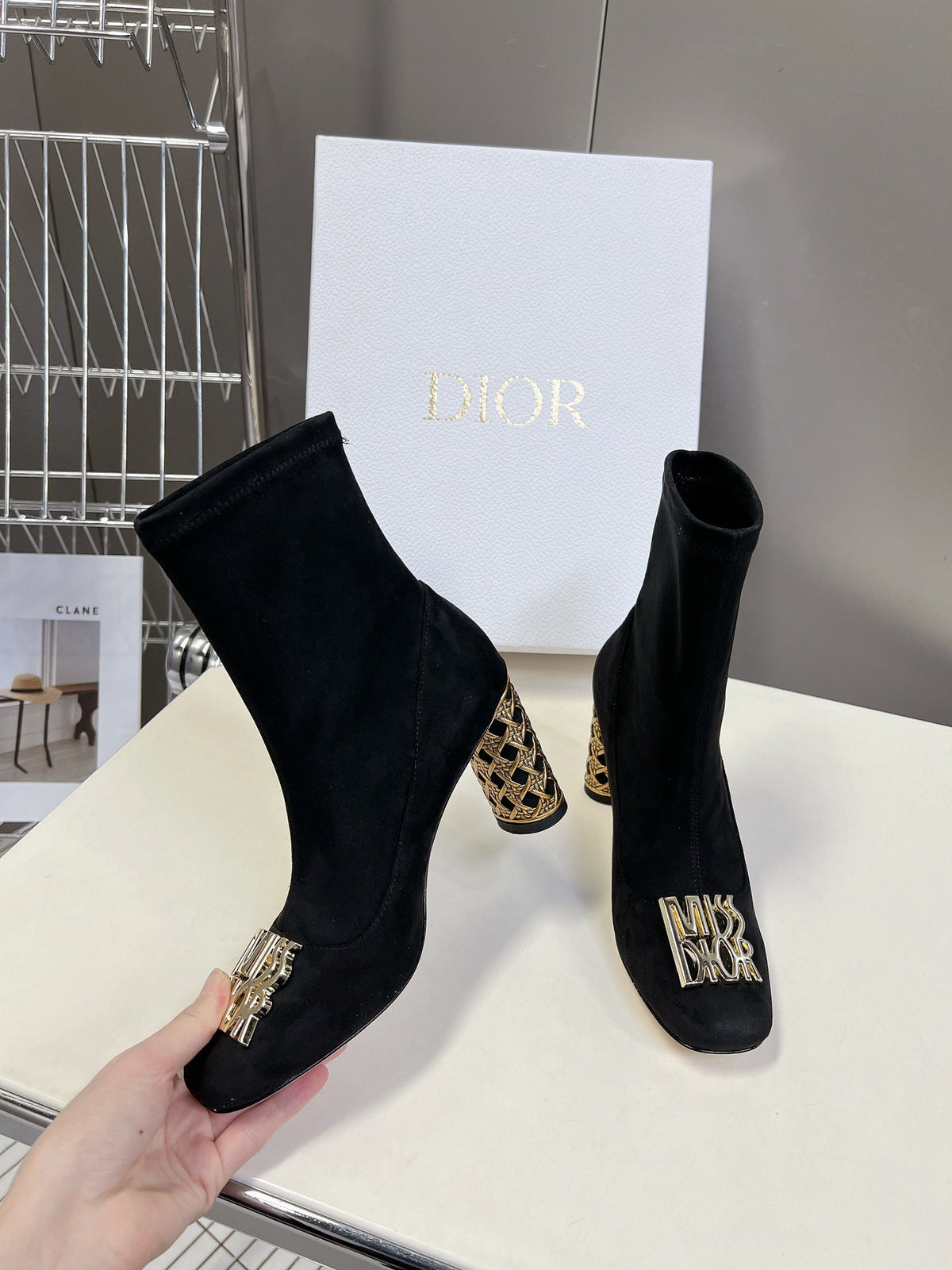 ICON HEELED ANKLE BOOT BLACK SUEDE 8 CM WITH GOLD LOGO