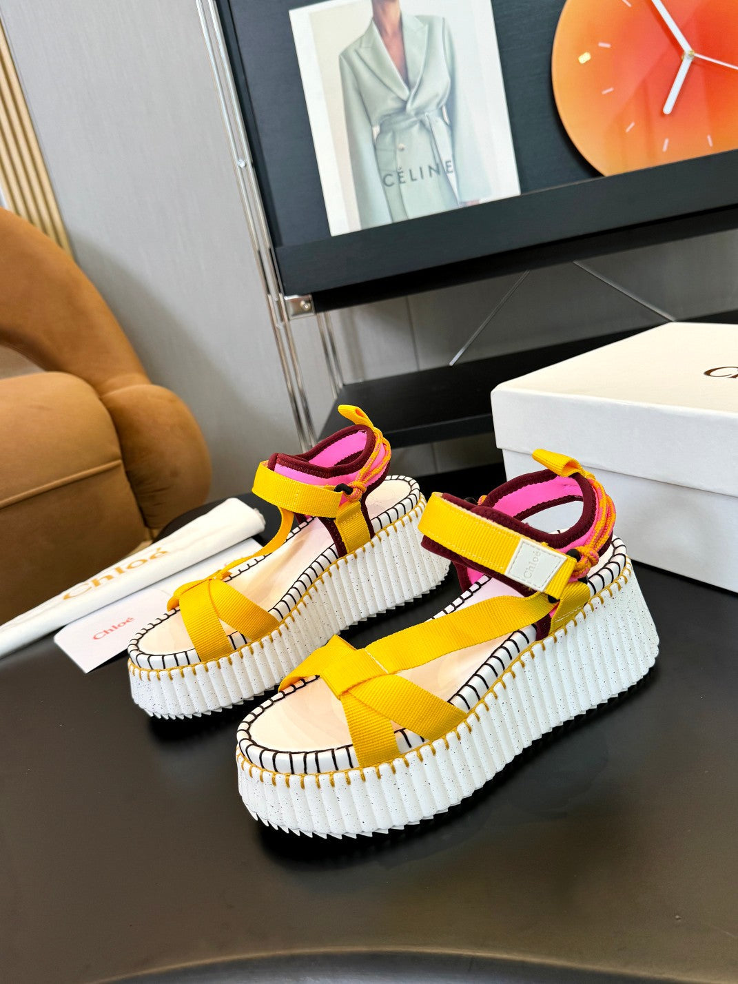 NAMA WEDGE SANDALS IN BRIGHT YELLOW FABRIC AND WHITE RUBBER