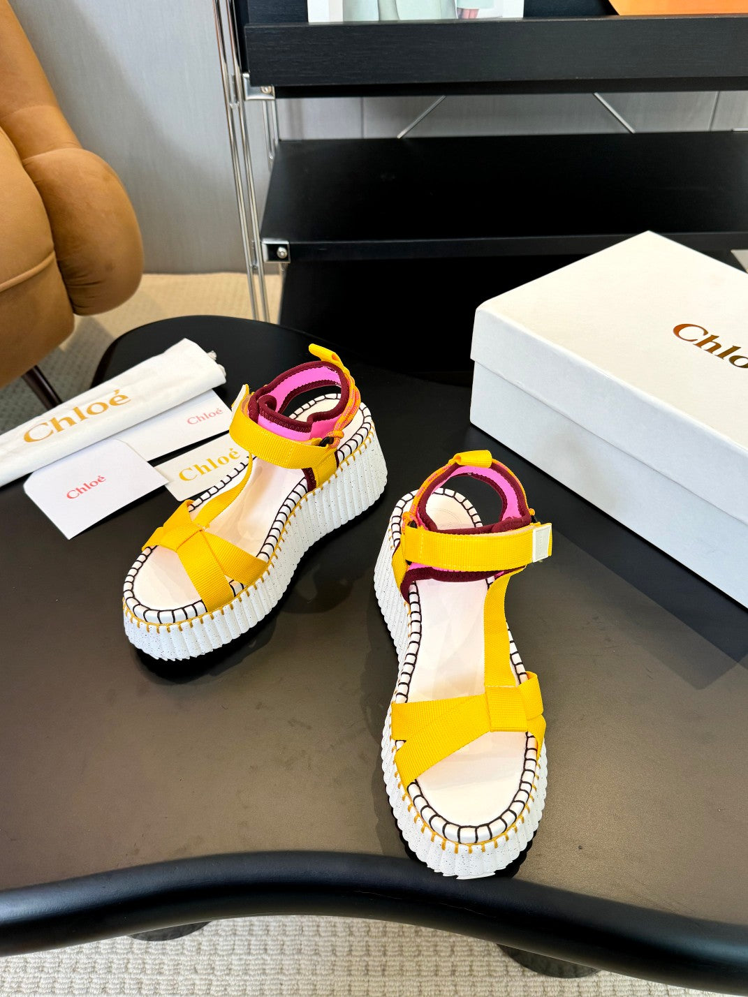 NAMA WEDGE SANDALS IN BRIGHT YELLOW FABRIC AND WHITE RUBBER