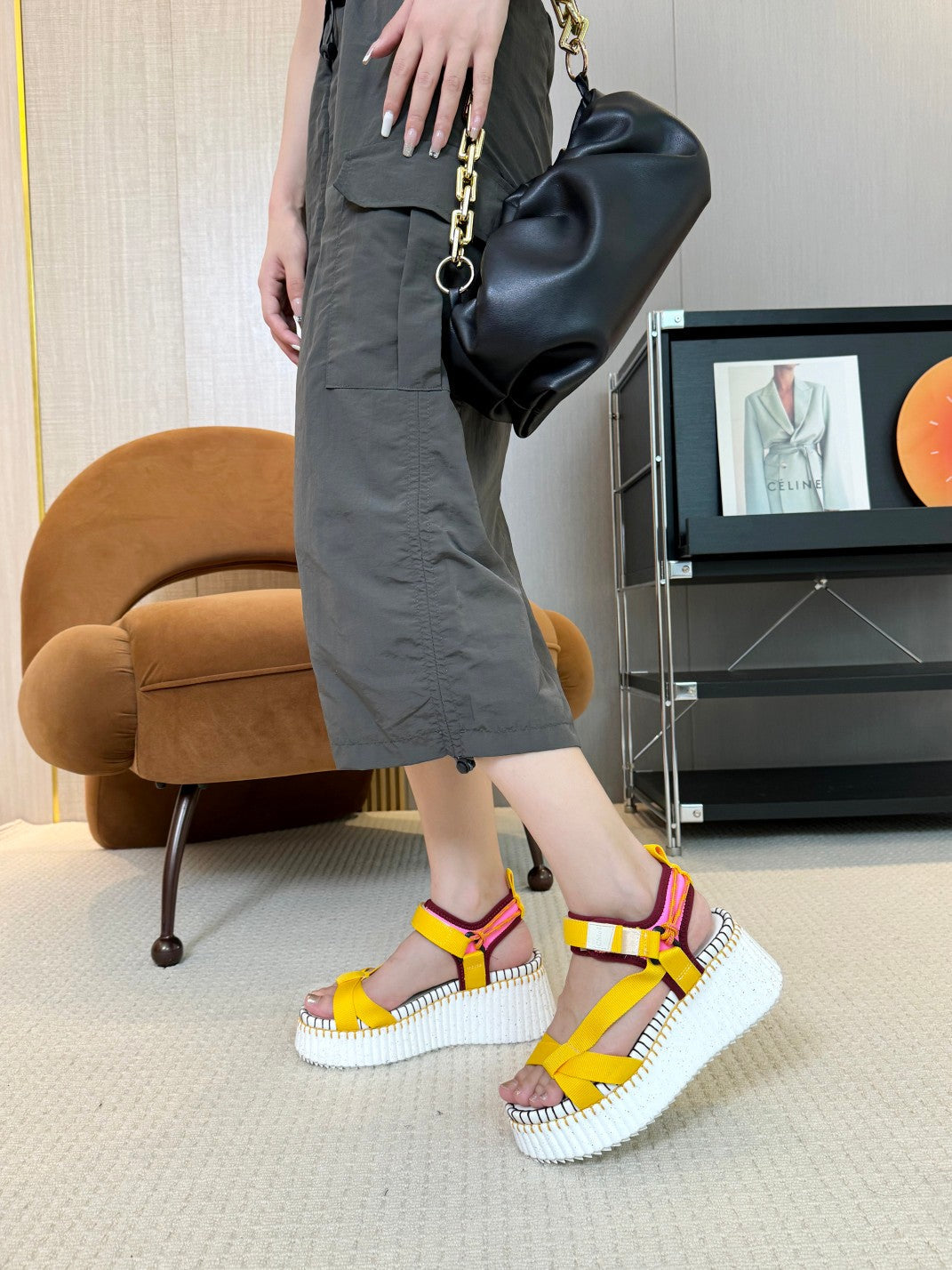 NAMA WEDGE SANDALS IN BRIGHT YELLOW FABRIC AND WHITE RUBBER