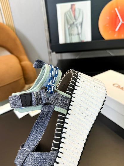 NAMA WEDGE SANDALS IN GREY FABRIC AND WHITE RUBBER