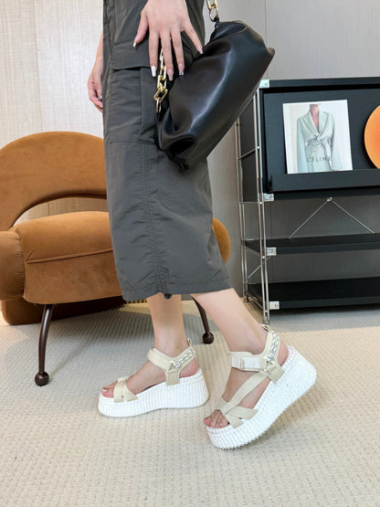 NAMA WEDGE SANDALS IN BEIGE FABRIC AND WHITE RUBBER