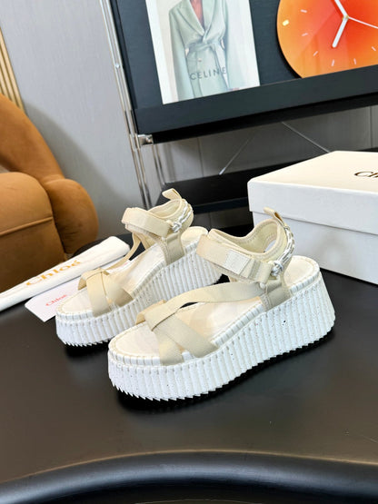 NAMA WEDGE SANDALS IN BEIGE FABRIC AND WHITE RUBBER