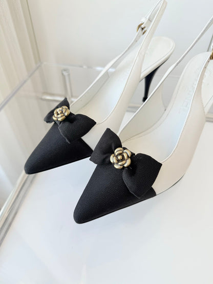 SLINGBACKS 80 MM IN WHITE CALFSKIN AND BLACK CANVAS