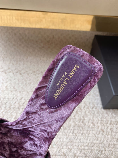 HIGH HEEL SLIDES IN PURPLE VELVET