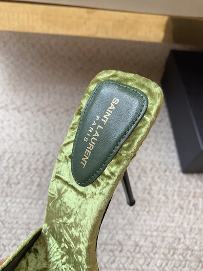 HIGH HEEL SLIDES IN TEA GREEN VELVET