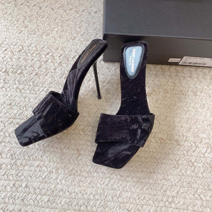 HIGH HEEL SLIDES IN BLACK VELVET