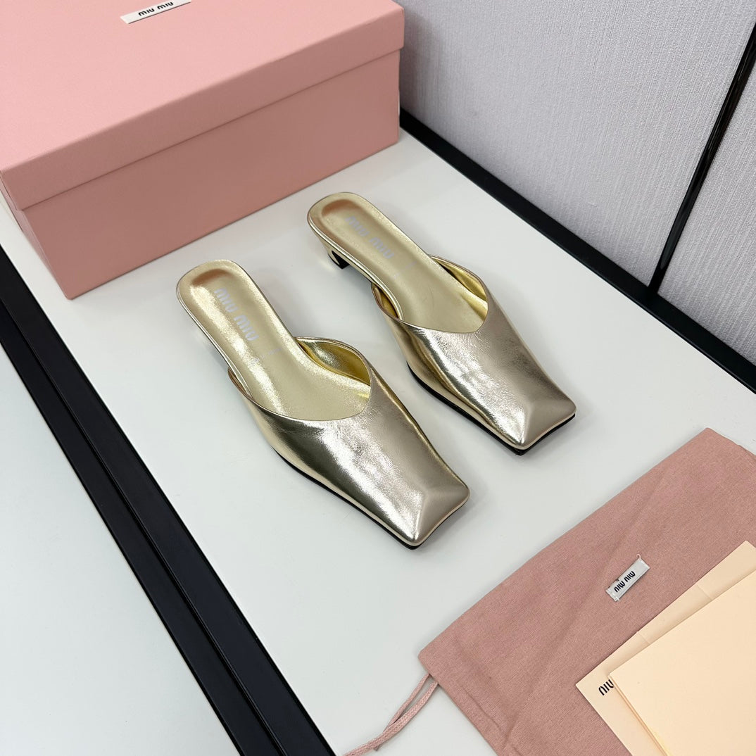 SQUARE TOE MULES METALLIC GOLD SHEEPSKIN