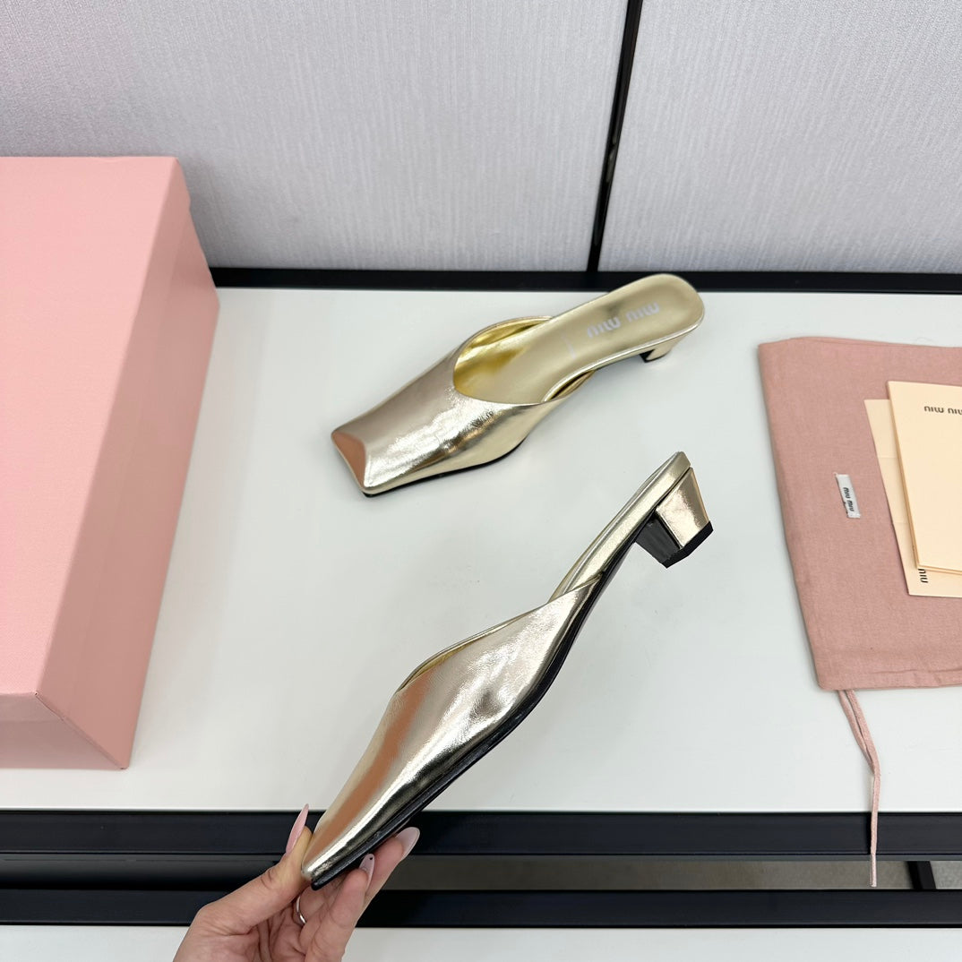 SQUARE TOE MULES METALLIC GOLD SHEEPSKIN