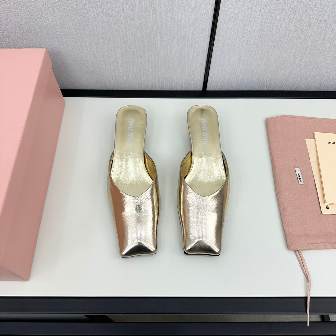 SQUARE TOE MULES METALLIC GOLD SHEEPSKIN