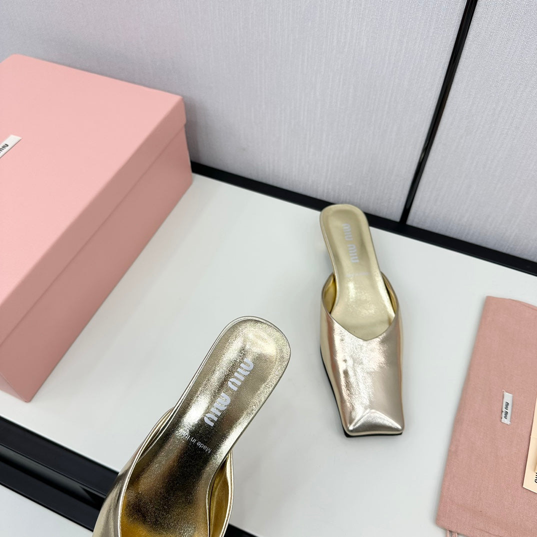 SQUARE TOE MULES METALLIC GOLD SHEEPSKIN