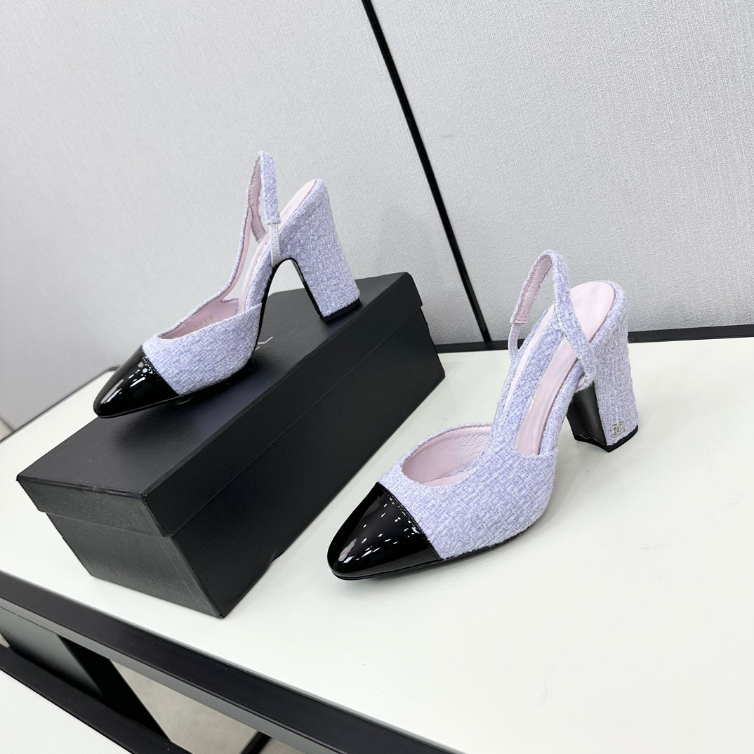 HIGH SLINGBACK LIGHT BLUE TWEED AND BLACK CALFSKIN