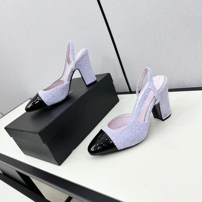 HIGH SLINGBACK LIGHT BLUE TWEED AND BLACK CALFSKIN
