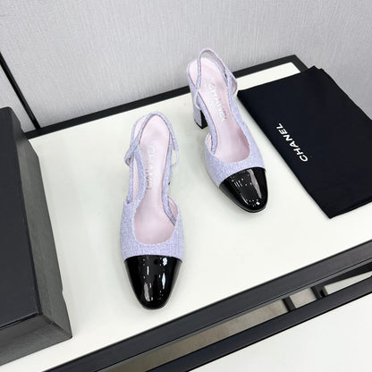 HIGH SLINGBACK LIGHT BLUE TWEED AND BLACK CALFSKIN