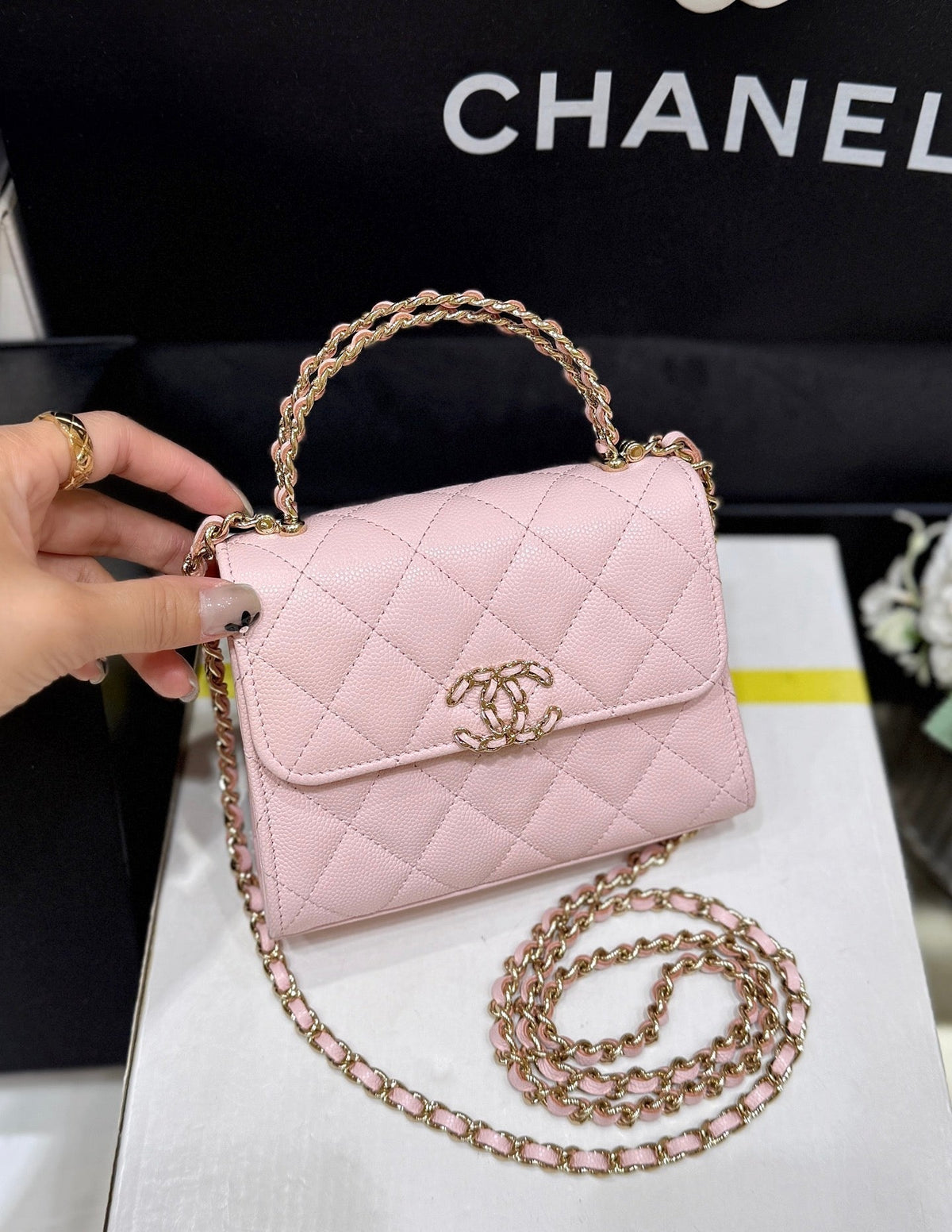 QUILTED MINI FLAP BAG WITH HANDLE 14 IN BABY PINK LAMBSKIN GOLD PLATED METAL