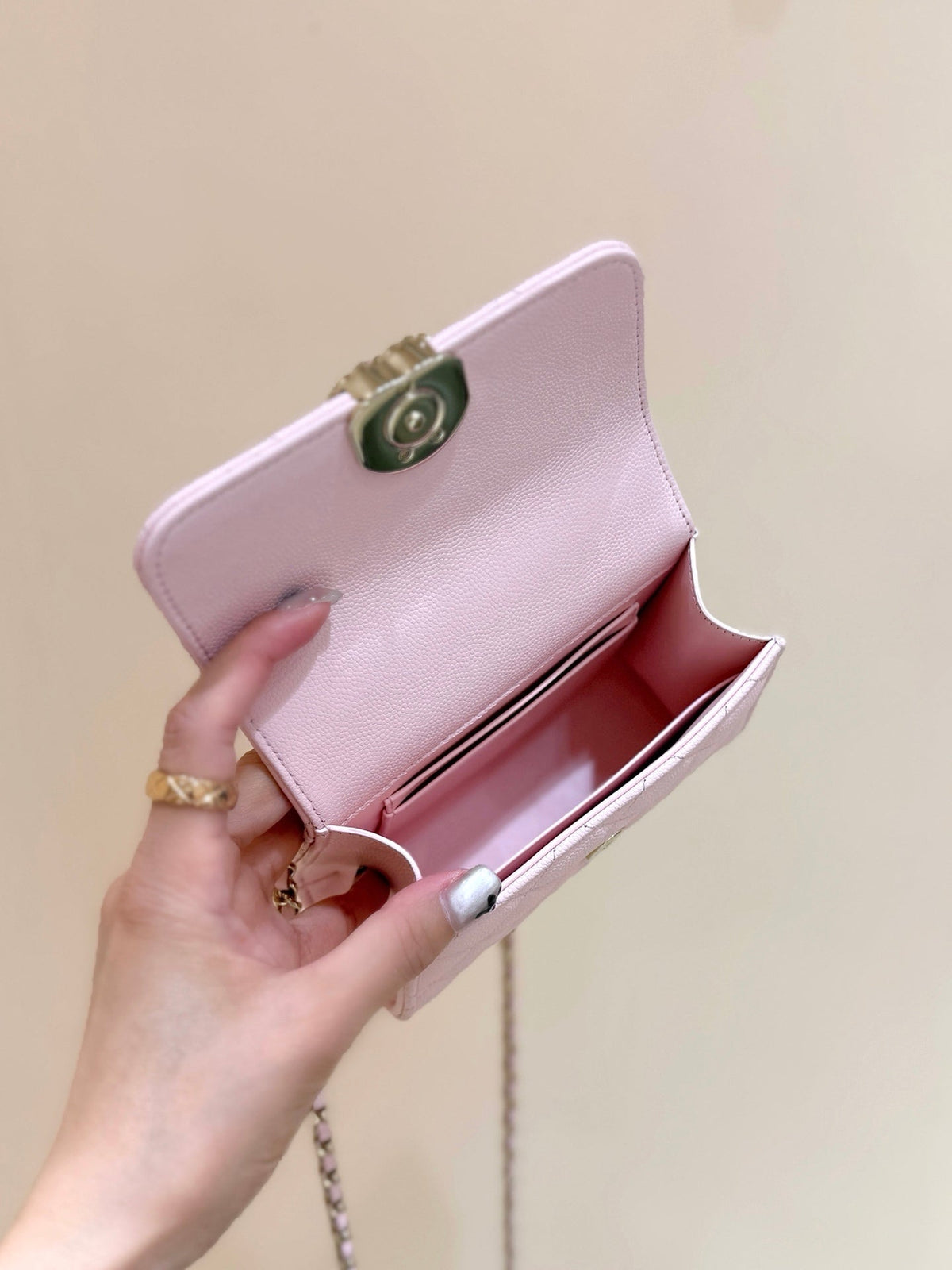 QUILTED MINI FLAP BAG WITH HANDLE 14 IN BABY PINK LAMBSKIN GOLD PLATED METAL