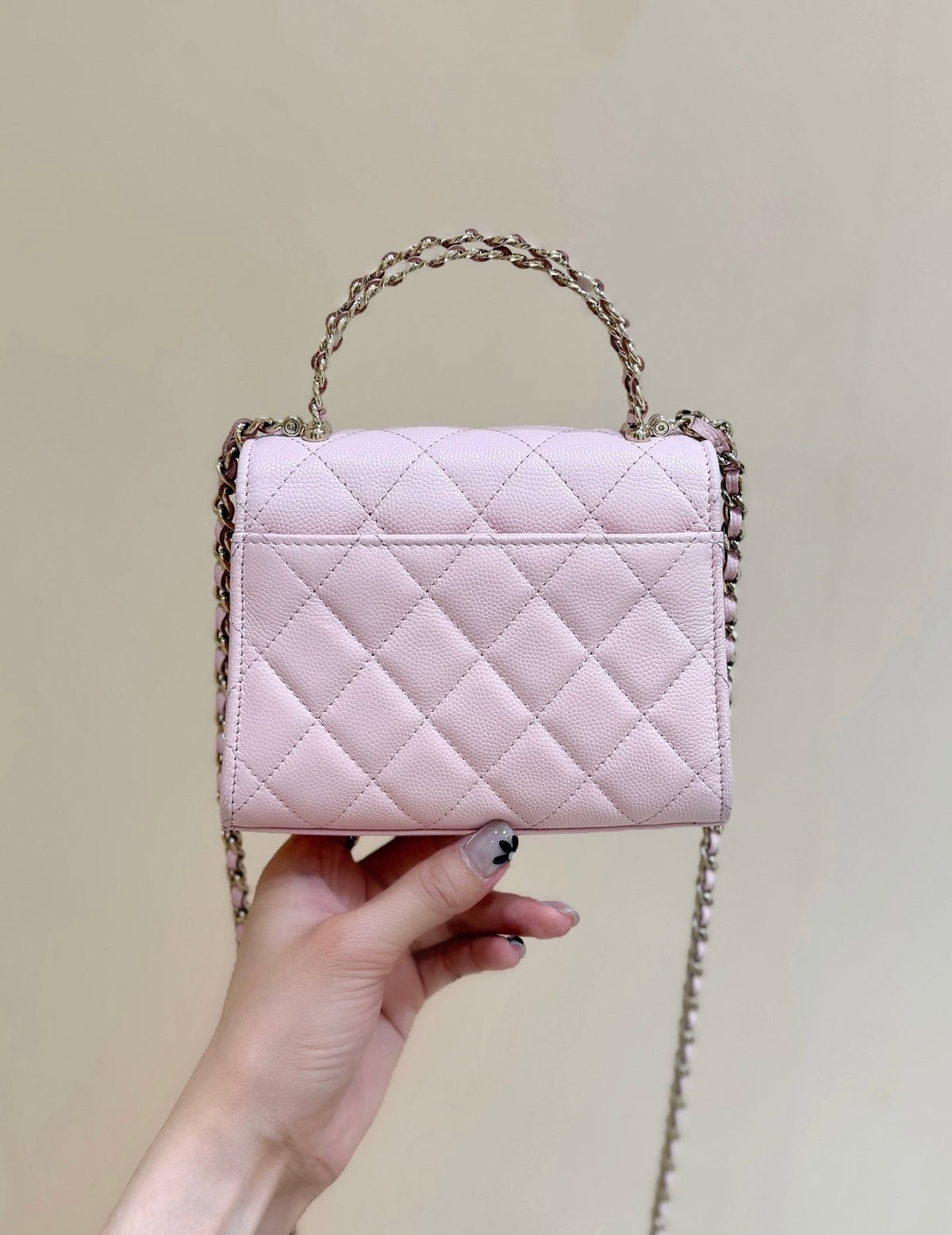 QUILTED FLAP BAG WITH HANDLE 18 IN BABY PINK LAMBSKIN GOLD HARDWARE