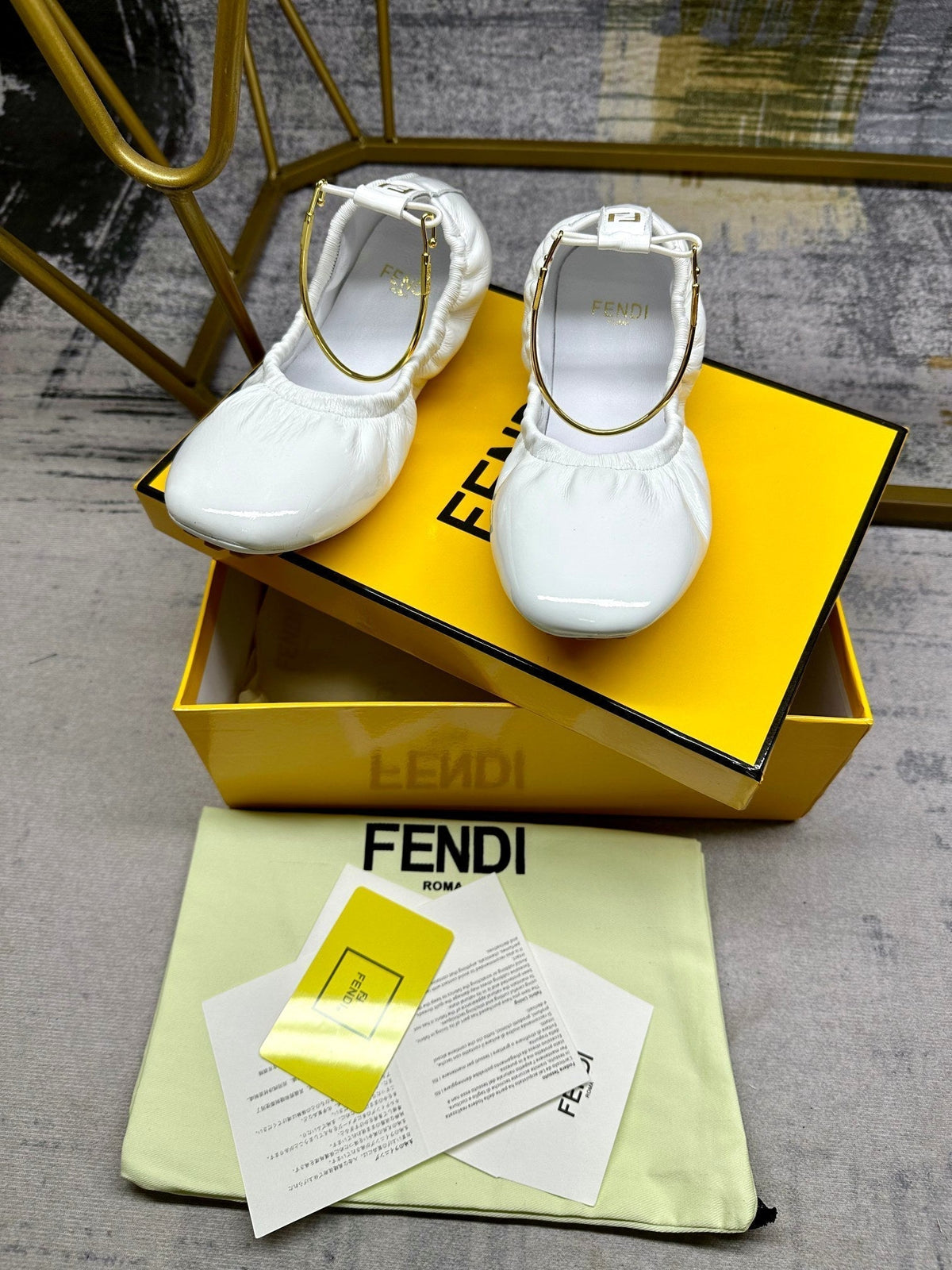 FENDI FILO BALLET IN WHITE LAMBSKIN WITH GOLD HARDWARE