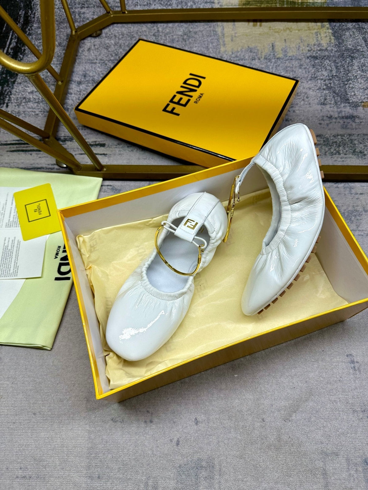 FENDI FILO BALLET IN WHITE LAMBSKIN WITH GOLD HARDWARE