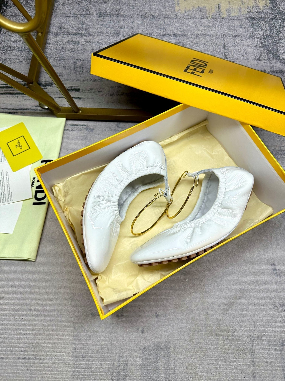 FENDI FILO BALLET IN WHITE LAMBSKIN WITH GOLD HARDWARE