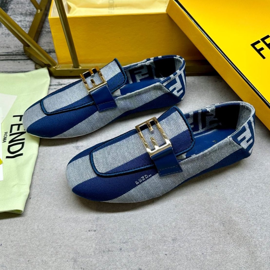 FENDI BAGUETTE LOAFERS IN AZURE BLUE CANVAS GOLD HARDWARE