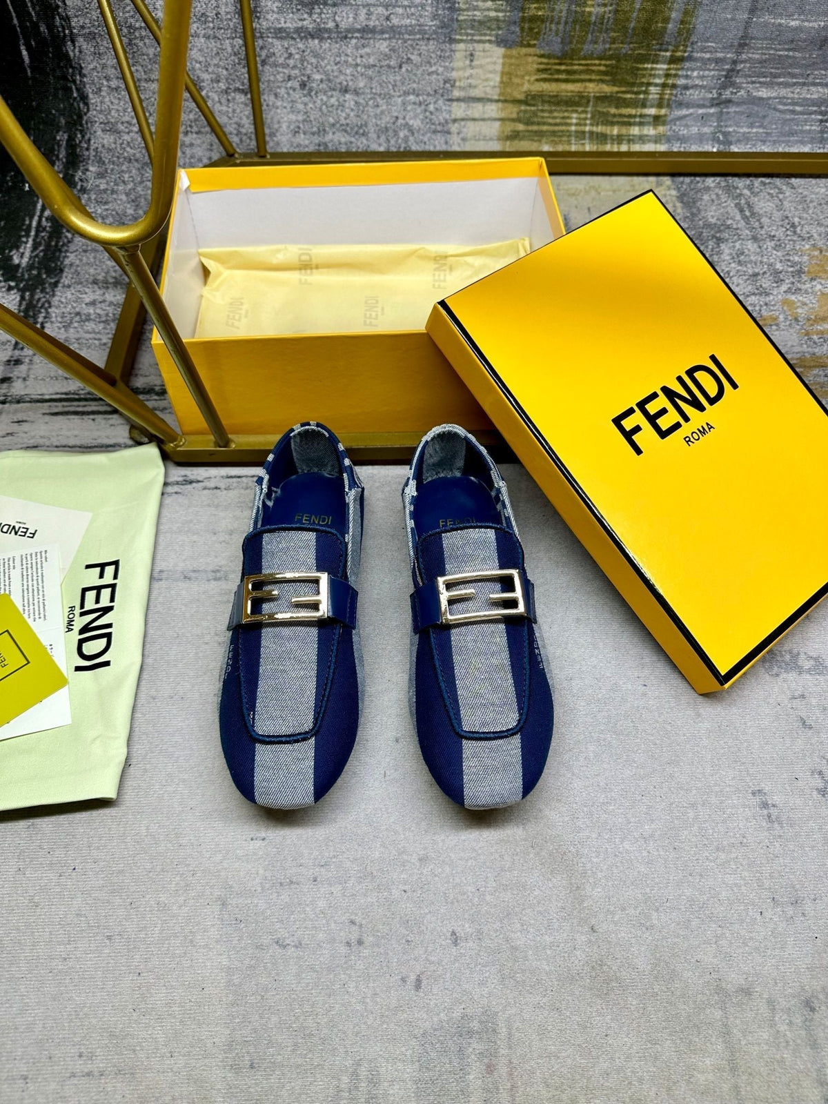 FENDI BAGUETTE LOAFERS IN AZURE BLUE CANVAS GOLD HARDWARE