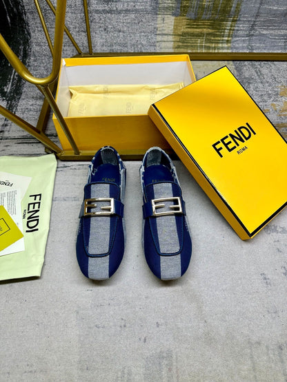 FENDI BAGUETTE LOAFERS IN AZURE BLUE CANVAS GOLD HARDWARE
