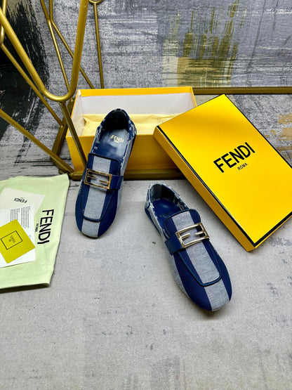 FENDI BAGUETTE LOAFERS IN AZURE BLUE CANVAS GOLD HARDWARE