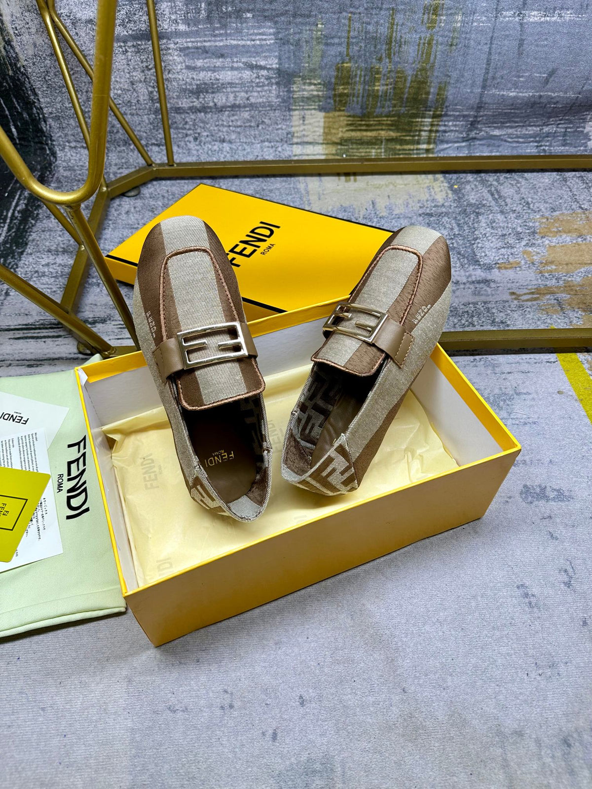 FENDI BAGUETTE LOAFERS IN BEIGE MIX BROWN CANVAS GOLD HARDWARE