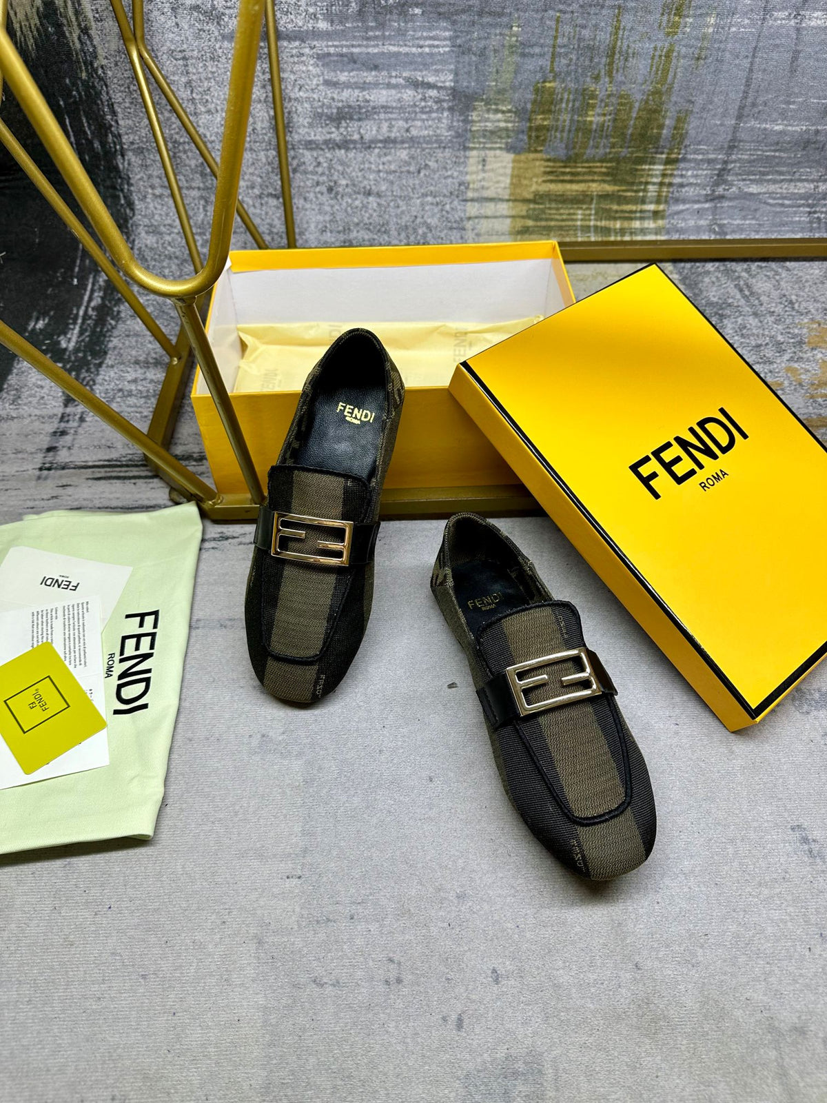 FENDI BAGUETTE LOAFERS IN OLIVE GREEN MIX BLACK CANVAS GOLD HARDWARE