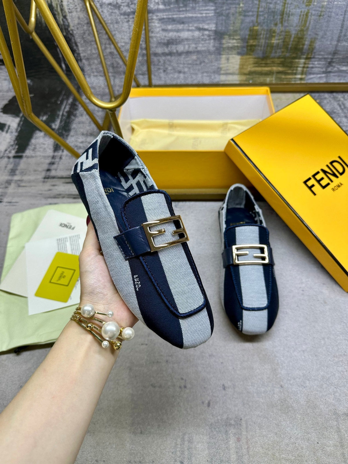 FENDI BAGUETTE LOAFERS IN NAVY BLUE MIX WHITE CANVAS GOLD HARDWARE