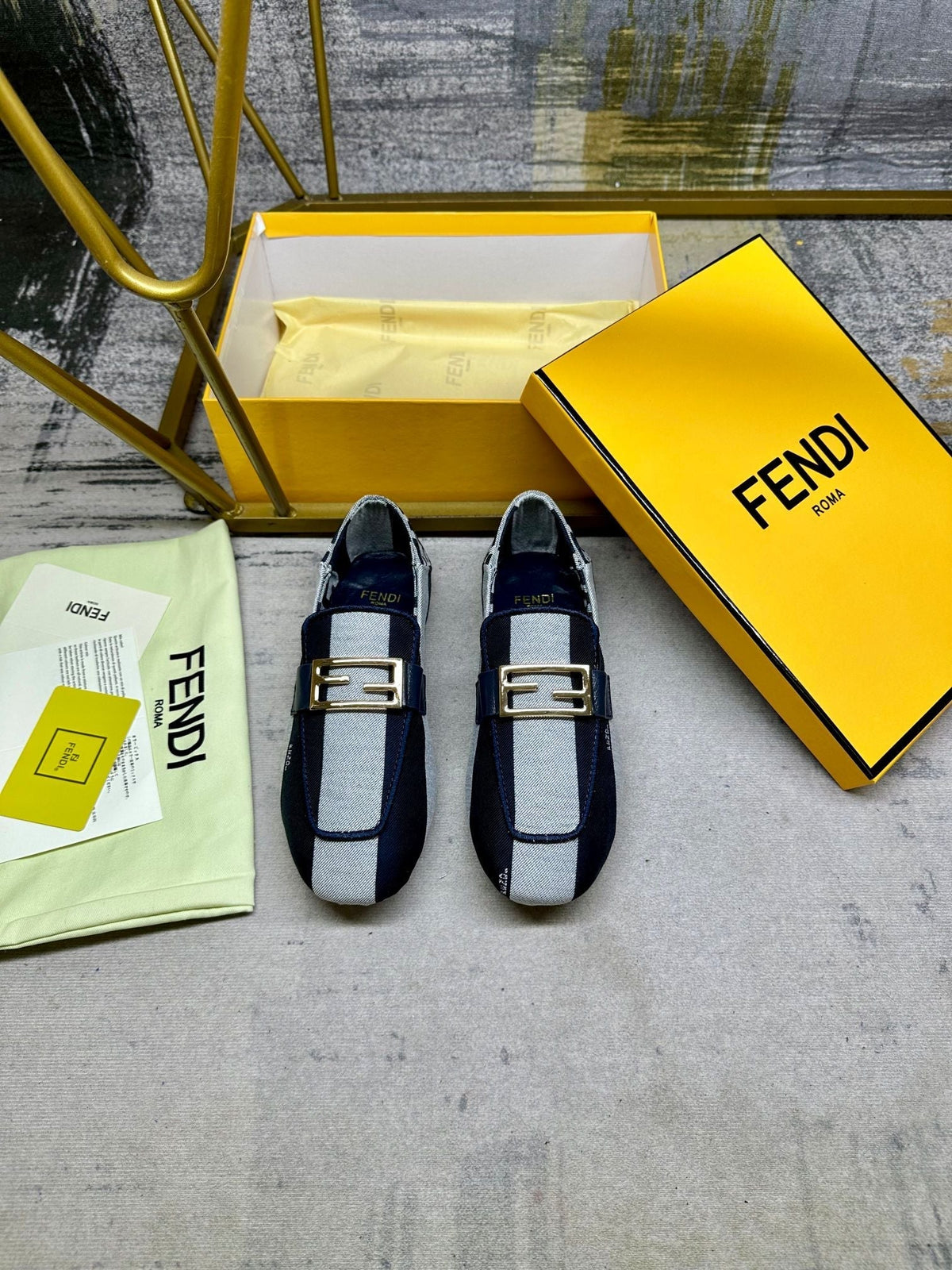 FENDI BAGUETTE LOAFERS IN NAVY BLUE MIX WHITE CANVAS GOLD HARDWARE