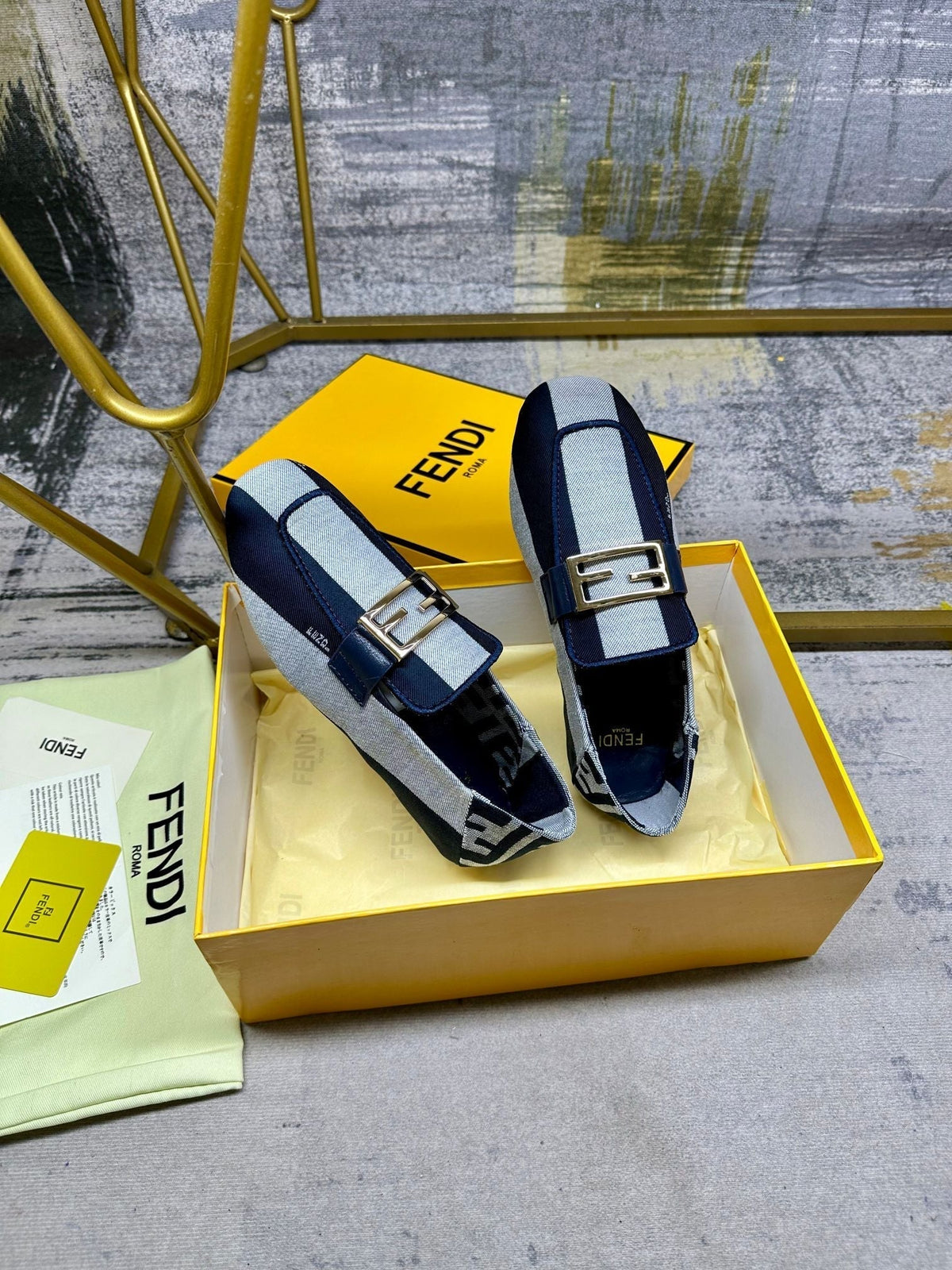 FENDI BAGUETTE LOAFERS IN NAVY BLUE MIX WHITE CANVAS GOLD HARDWARE