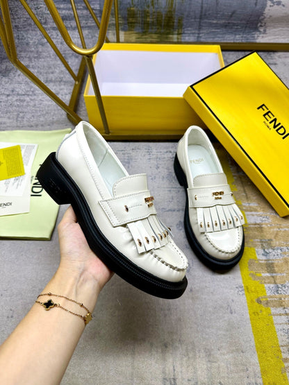 FENDI BAGUETTE LOAFERS IN WHITE CALFSKIN WITH GOLD HARDWARE