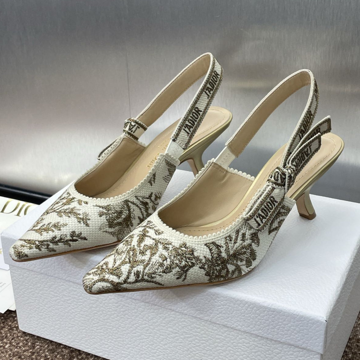 J'ADIOR HIGH SLINGBACK PUMP WHITE AND GOLD-TONE MILLEFIORI JACQUARD 65 MM
