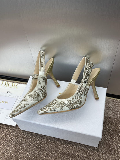 J'ADIOR HIGH SLINGBACK PUMP WHITE AND GOLD-TONE MILLEFIORI JACQUARD 95 MM