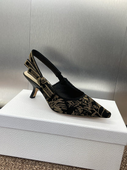 J'ADIOR HIGH SLINGBACK PUMP BLACK AND GOLD-TONE MILLEFIORI JACQUARD 65 MM