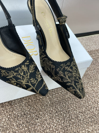 J'ADIOR HIGH SLINGBACK PUMP BLACK AND GOLD-TONE MILLEFIORI JACQUARD 95 MM