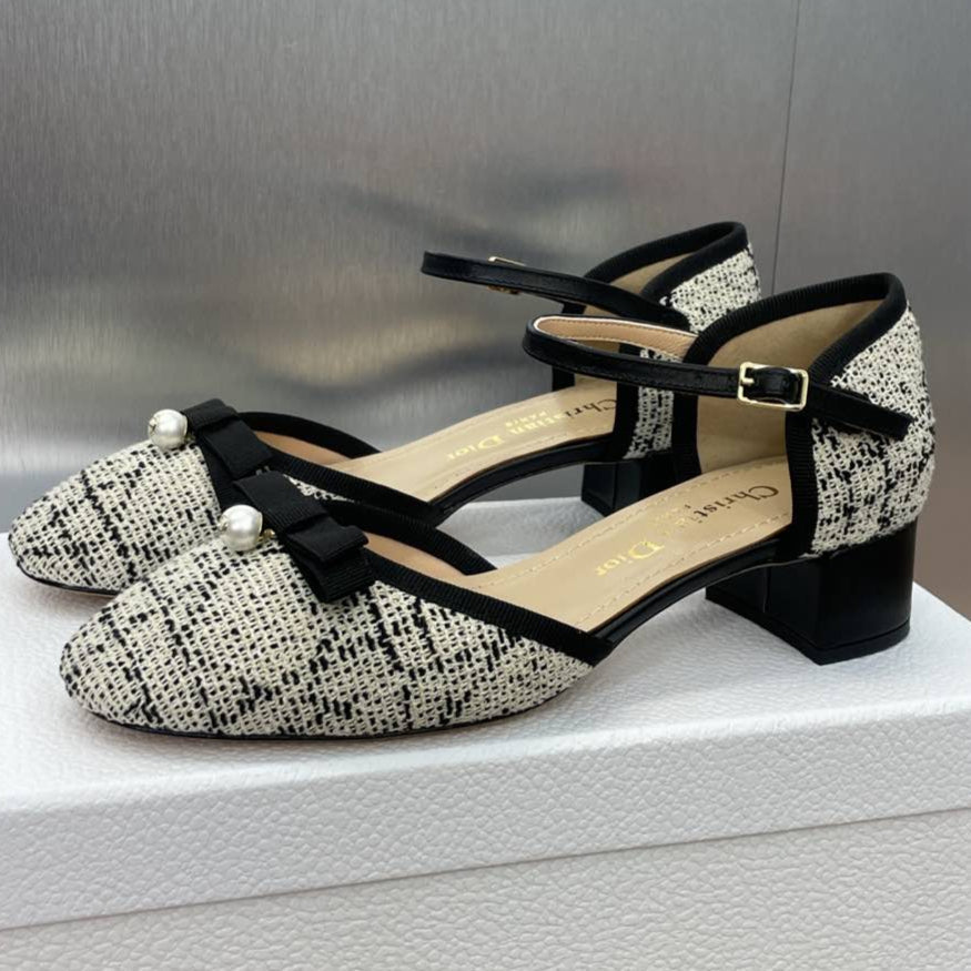 BALLET SLINGBACK PUMP IN WHITE MIX BLACK EMBROIDERED CANNAGE TWEED 35 MM