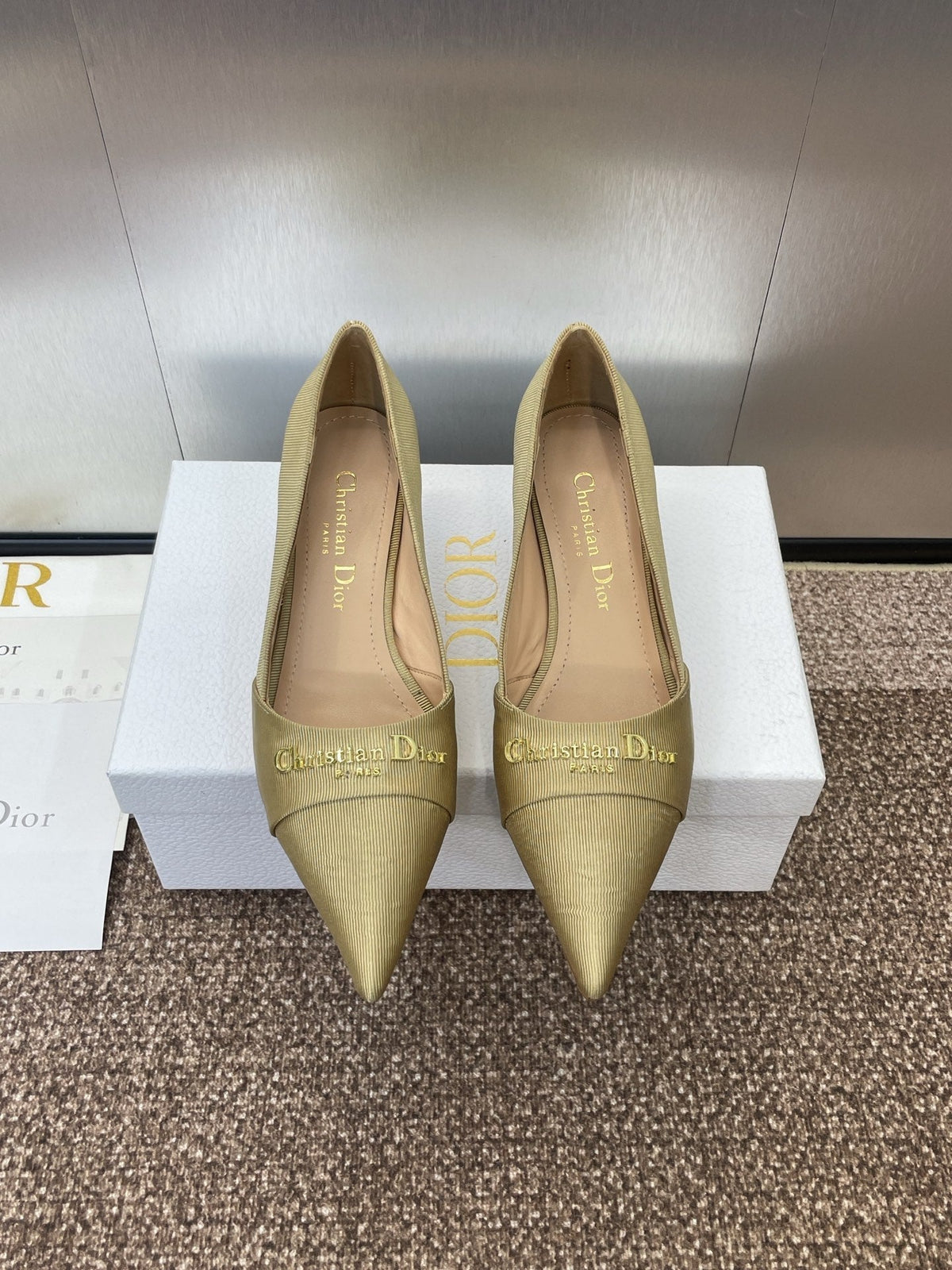 MY DD 25S HIGH HEEL 55MM IN KHAKI GOLD FABRIC GOLD LOGO