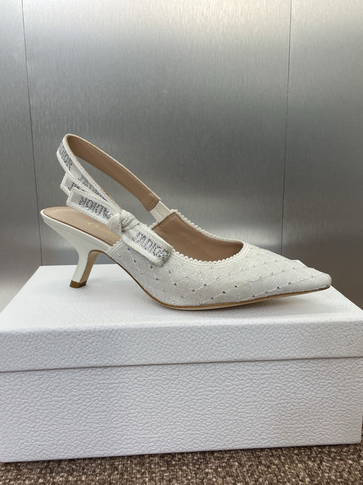 J'ADIOR SLINGBACK 25S PUMP 65MM IN WHITE FABRIC EMBOSSED CRYSTAL
