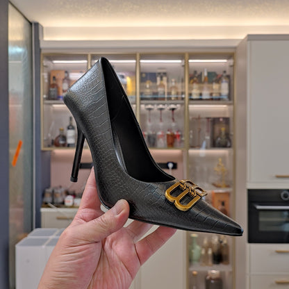 POINTED BB GOLD BUCKLE HIGH PUMPS IN BLACK CROCODILE PATTERN CALFSKIN