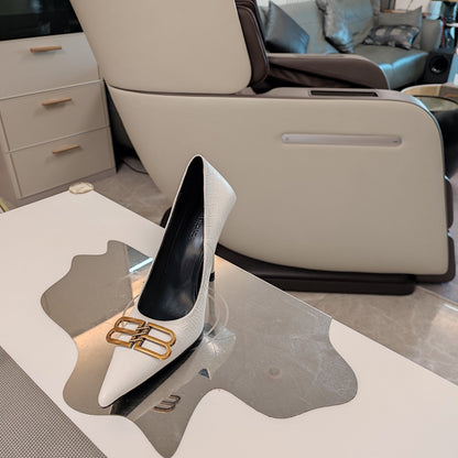 POINTED BB GOLD BUCKLE HIGH PUMPS IN WHITE CROCODILE PATTERN CALFSKIN